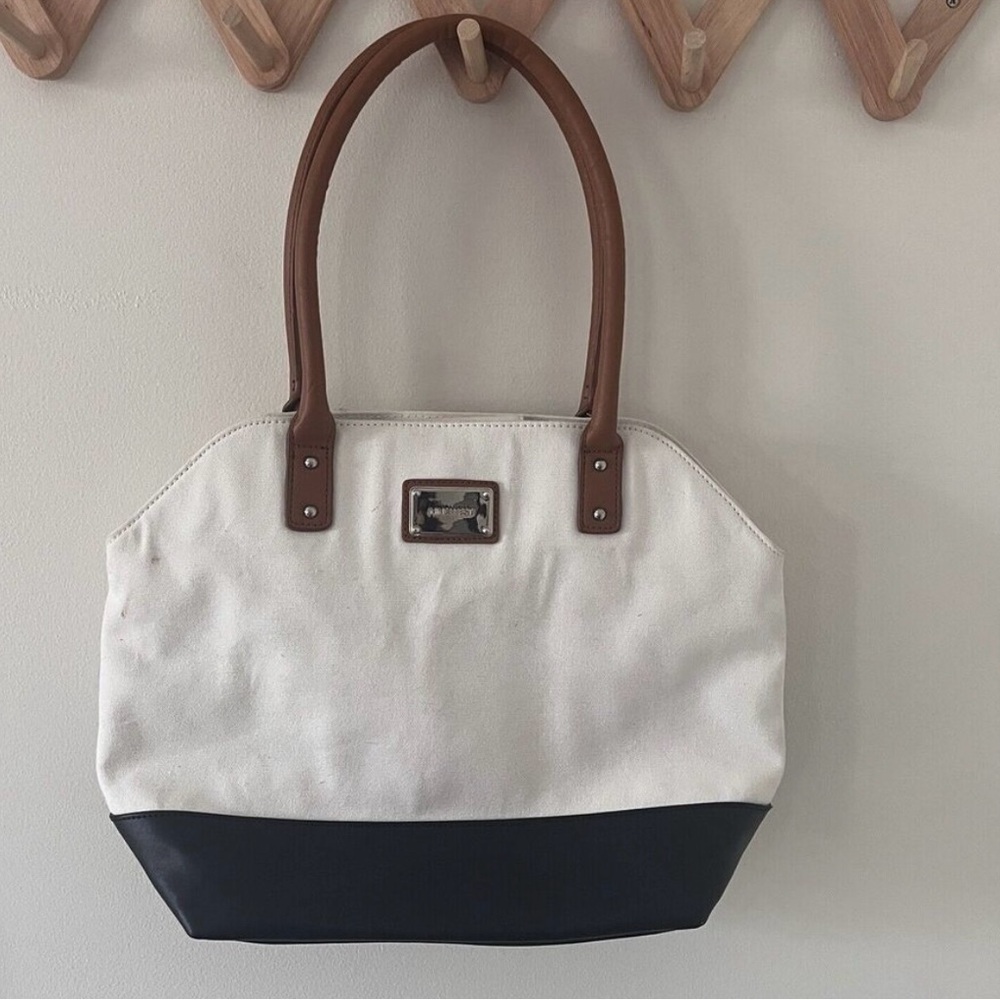 Nine West Bags Black And Cream Canvas Tote Purse 15”x11”